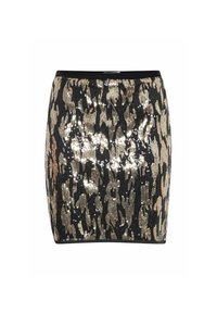 Svart och guld paljetterad minikjol med abstrakt djurtryck och elastisk midjeband.