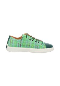 Green woven sneakers with a patterned textile upper, green accents, white rubber sole, and brown interior lining. Features round laces.