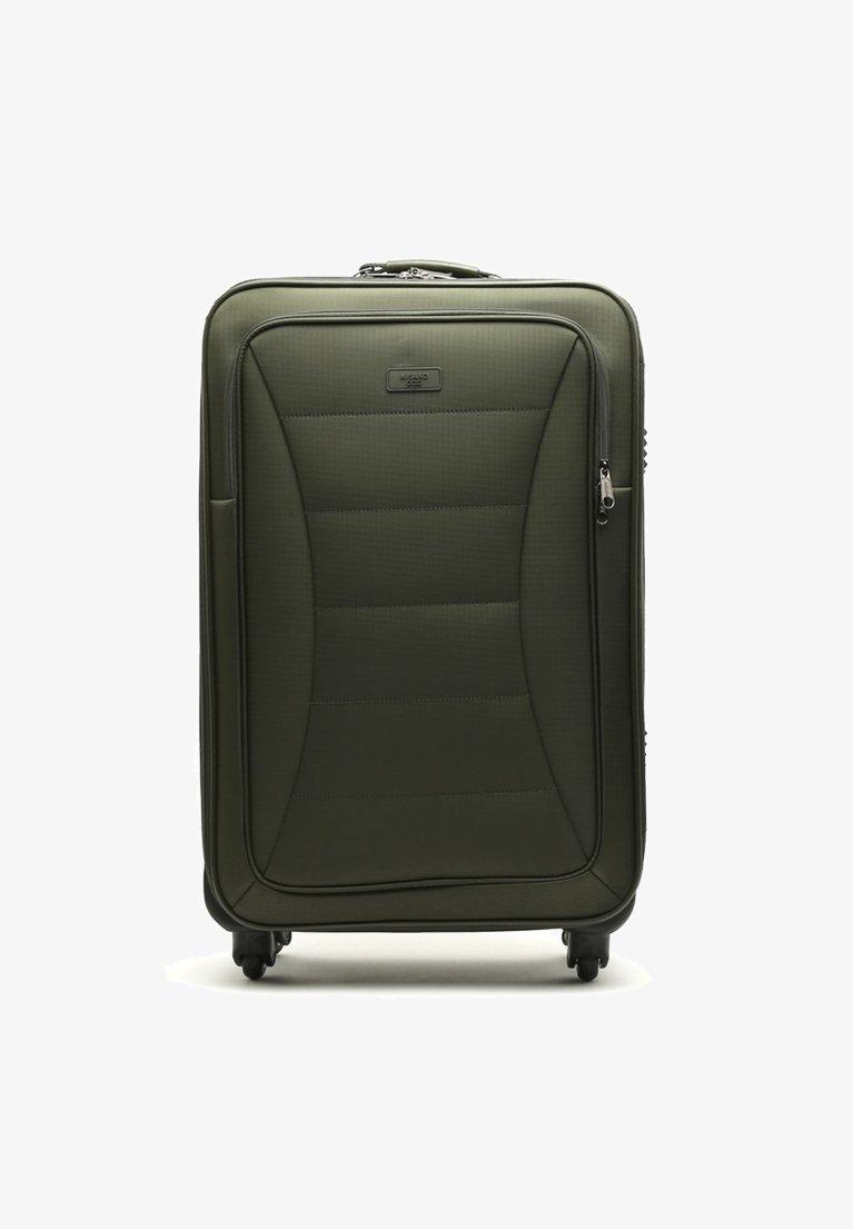 Valigia verde rigida con superficie texture, dotata di un ampio scomparto principale, maniglia laterale e quattro ruote piroettanti per una facile mobilità.