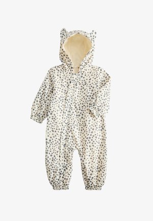 Babyheldragt i cremefarve med grå leopardpletter, elastiske manchetter, hætte med små stofører og knapper foran.