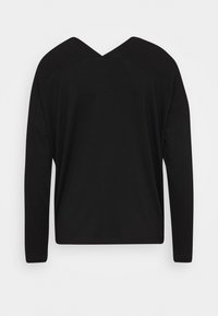 Svart långärmad topp med en V-formad bakhalsringning och avslappnad passform. Tillverkad av mjukt tyg, med sänkta axlar och en slät yta.