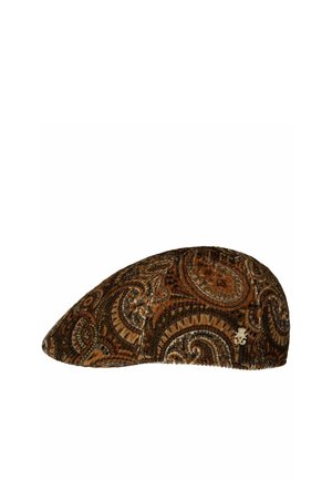 Flat brown paisley-patterned cloth cap with curved peak and small metallic emblem on the side.