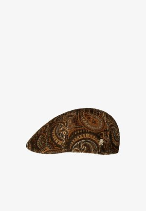Flat brown paisley-patterned cloth cap with curved peak and small metallic emblem on the side.
