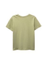 T-shirt a maniche corte, con collo rotondo in cotone verde chiaro. Tessuto morbido, taglio dritto, senza motivi o dettagli visibili. Solo vista posteriore.