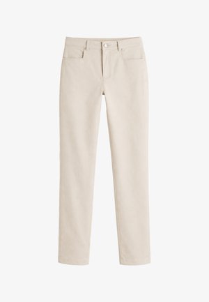 Beige slim-fit broek met knoop en rits aan de voorkant, vijf zakken en riemlussen, weergegeven op een witte achtergrond.