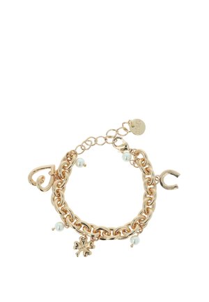 Goudkleurige kettingarmband met hart- en hoefijzerbedels, kleine parelaccenten en een sluiting met een logotag.