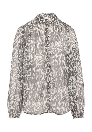 Blouse transparente à manches longues avec un motif abstrait noir et blanc, dotée d'un col montant et d'une fermeture boutonnée à l'avant, avec des manches froncées.