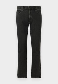Zwarte denim jeans met een rechte pijp ontwerp, voorzien van een voorknoop- en ritssluiting, vijf zakken en contrasterende stikseldetails.