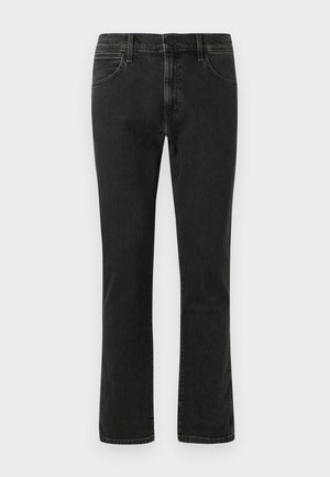 Czarne dżinsy o prostym kroju nogawki, z zapięciem na guziki i zamek błyskawiczny z przodu, pięcioma kieszeniami oraz kontrastującymi detalami w szwie.