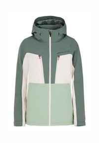 Veste à blocs de couleur vert, blanc et menthe avec une capuche. Comprend des poches zippées, un design moderne et une texture lisse.