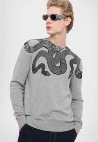 Felpa grigia con una grafica di un serpente stampata sul petto. Caratterizzata da polsini e orlo a costine, realizzata in un tessuto morbido e testurizzato.
