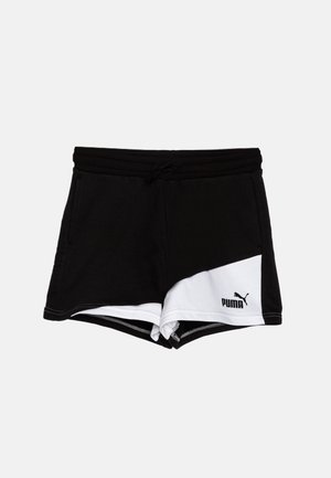 Pantalones cortos deportivos en blanco y negro con cintura elástica y cordón. En la parte frontal, destaca un prominente logo de Puma en el lado izquierdo.