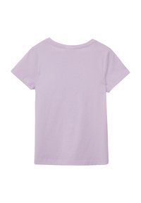 Lila T-shirt met korte mouwen, voorzien van een ronde halslijn en een gladde, effen stof. De achteraanzicht laat een eenvoudig, onversierd ontwerp zien.