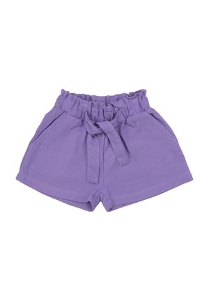 Purple high-waist shorts with ruffled elastic waistband, side pockets, and a front tied fabric belt.