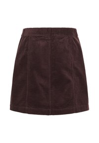 Jupe en velours côtelé marron foncé avec une taille cintrée, une texture à rayures verticales et une forme droite, dotée de deux coutures avant et d'un bord ourlé.