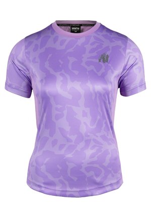 Paarse sportshirt met een subtiel camouflagepatroon. Korte mouwen, ronde hals en het Gorilla Wear-logo op de borst. Zachte textuur.