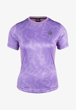 Paarse sportshirt met een subtiel camouflagepatroon. Korte mouwen, ronde hals en het Gorilla Wear-logo op de borst. Zachte textuur.
