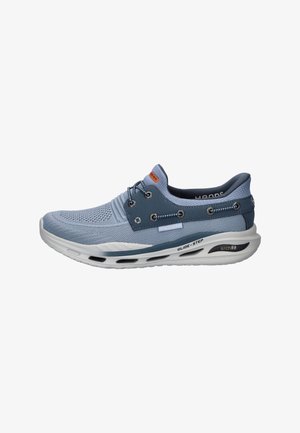 Light blue athletic shoe with breathable mesh upper, navy blue accents, white cushioned sole labeled "Glide-Step" and "Arch Fit."