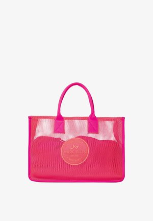 Sac cabas en filet rose vif avec des poignées solides et un patch circulaire avec le logo Marc Ellis au centre sur le devant.
