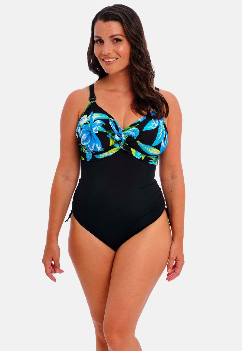 Eéndelige zwemkleding met een zwarte basis, voorzien van een blauw en groen bloemenpatroon aan de bovenkant. Verstelbare bandjes en zijstrikken voor de pasvorm.