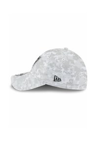 Grey camouflage cap with a curved brim, featuring embroidered black logos on the front and side, made from a textured fabric.