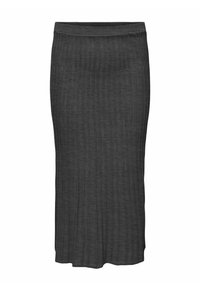 Gonna midi grigia lavorata a maglia con vita aderente e texture a righe verticali, che arriva poco sotto il ginocchio. Design semplice e classico.