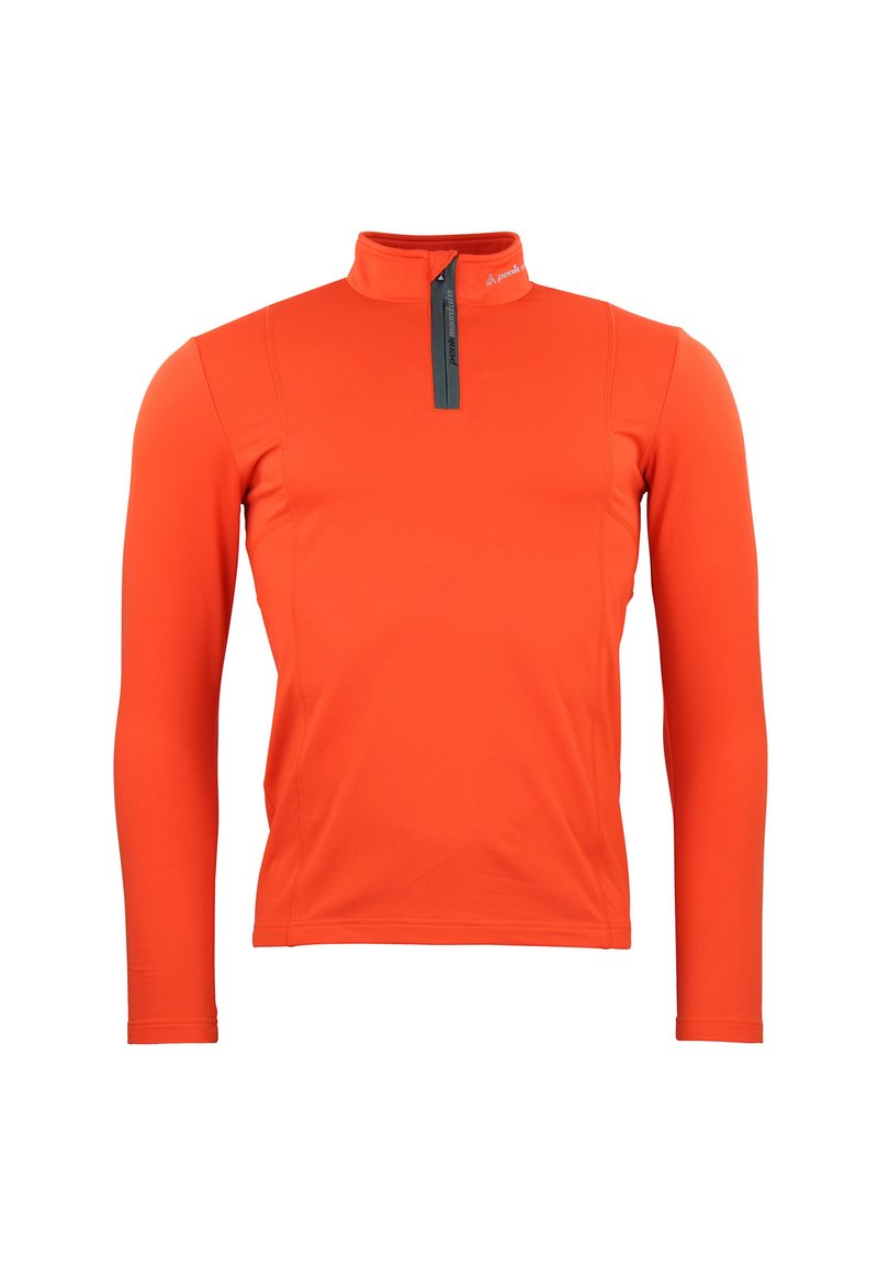 Oranje top met lange mouwen, hoge kraag, kwartrits aan de voorkant en een gladde textuur. Met contrasterende donkere ritssluiting en stikaccenten.