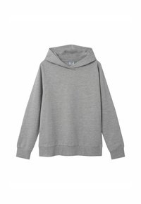 Sweatshirt à capuche gris en tissu doux. Présente une coupe décontractée, des manches longues et des bords côtes aux poignets et à l' ourlet. Aucun motif ni accent visible.