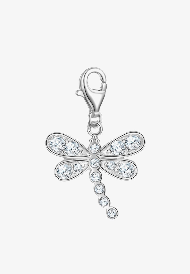 Silver dragonfly charm featuring clear, round crystals on wings and body, with a lobster clasp for attachment. Smooth, polished finish.