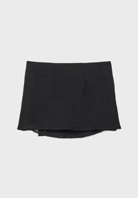 Black mini skirt with straight cut and slight overlapping hem, displayed flat on a light gray background.