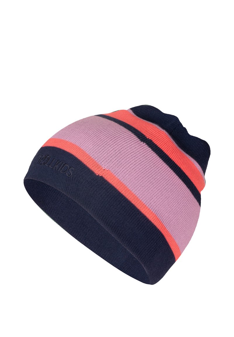 Gestrickte Mütze mit horizontalen Streifen in Pink, Pfirsich und Marineblau. Verfügt über eine weiche Textur und einen umgeschlagenen Rand; sichtbares Branding inklusive.