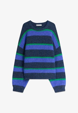 Blue and green striped sweater made of soft, textured fabric; features a wide, rounded neckline and slightly puffed sleeves.