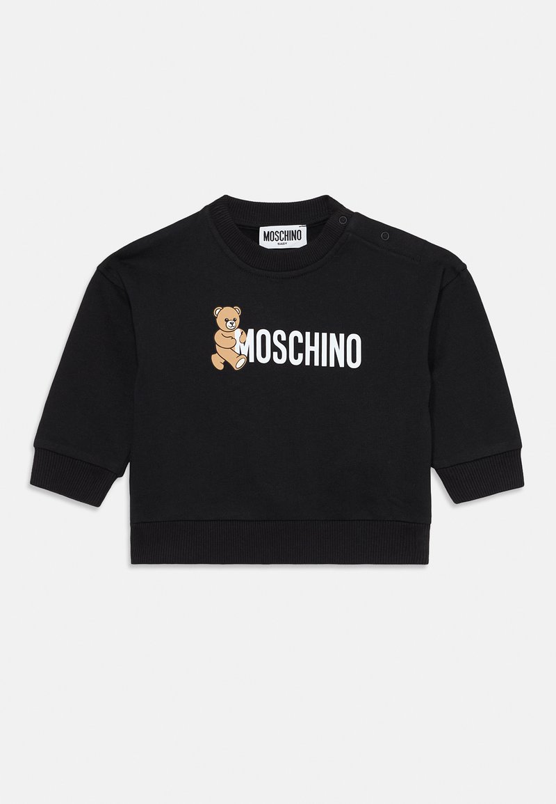 Fekete pamut pulóver hosszú ujakkal, nyomtatott barna medvével és "MOSCHINO" logóval. Bordás mandzsetta és nyak, patent gombokkal.