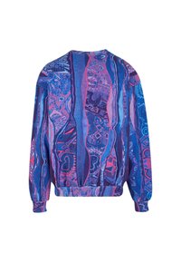 Langärmliger Pullover mit lebendigen, abstrakten vertikalen Streifen in Blau-, Lila- und Pinktönen, ausgestattet mit einem gerippten Saum und Bündchen.