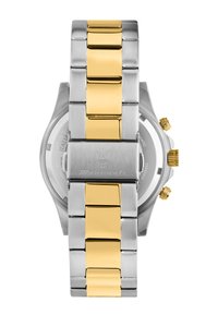 Zilveren en gouden roestvrijstalen horloge met een gepolijste afwerking, uitgerust met een twee kleurige schakelband, een ronde kast en een gestructureerde kroon.