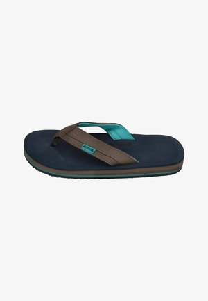 Herren-Casual-Flip-Flop mit braunen und türkisfarbenen Riemen und einer dunkelblauen gepolsterten Sohle, isoliert auf weißem Hintergrund.