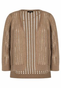Cardigan aperto in maglia color marrone chiaro con un motivo di fori ovali e polsini e orlo a coste.