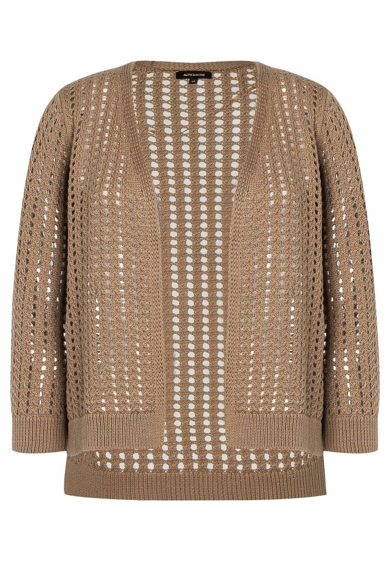 Cardigan aperto in maglia color marrone chiaro con un motivo di fori ovali e polsini e orlo a coste.
