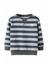 Sudadera de rayas gris y azul marino con mangas largas, cuello y dobladillo acanalados, presenta un pequeño gráfico de signo de interrogación blanco en el pecho.