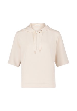 Felpa con maniche corte in beige realizzata in tessuto morbido, dotata di cappuccio con coulisse e dettagli metallici, dal taglio comodo.