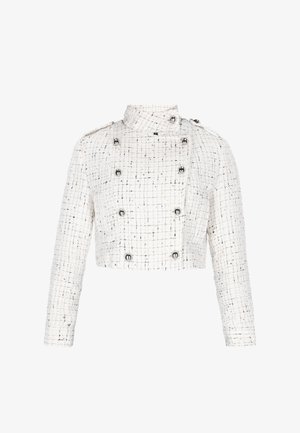 Gekürzte weiße Tweedjacke mit einem karrierten Muster, hohem Kragen und doppelreihigem Design mit glänzenden schwarzen Knöpfen. Strukturierter Stoff.