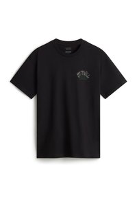 Black cotton t-shirt with short sleeves, featuring a green and white "VANS" logo embroidered on the left chest area. Classic crew neckline.