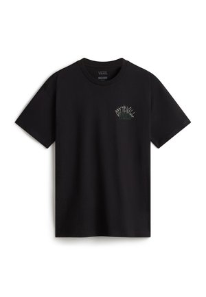 Black cotton t-shirt with short sleeves, featuring a green and white "VANS" logo embroidered on the left chest area. Classic crew neckline.