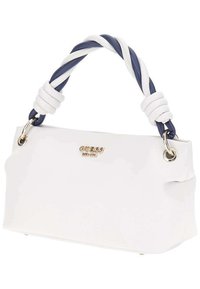 Sac à main synthétique blanc au design structuré, avec une anse torsadée bleue et blanche et un accent logo doré à l'avant.