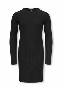 Svart ruggad långärmad klänning med rund halsringning, smal passform och knälång nederdel. Tillverkad av ett mjukt, elastiskt material.