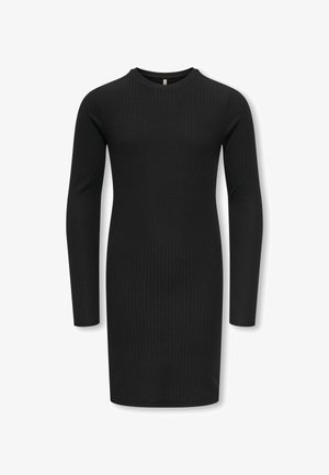 Schwarzes, geripptes Langarmkleid mit rundem Halsausschnitt, schmaler Passform und knielangem Saum. Hergestellt aus einem weichen, dehnbaren Material.