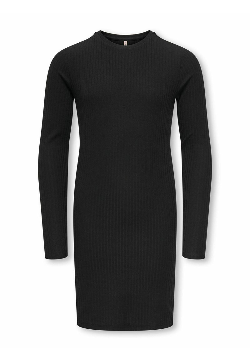 Svart ruggad långärmad klänning med rund halsringning, smal passform och knälång nederdel. Tillverkad av ett mjukt, elastiskt material.