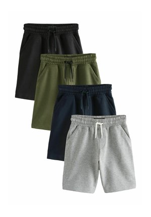 Vier Paar legere Shorts in Schwarz, Grün, Dunkelblau und Grau mit elastischen Taillenbändern und Kordelzügen, diagonal gestapelt.