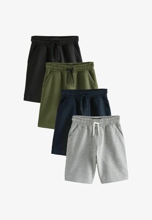 Four pairs of casual shorts in black, green, navy blue, and gray with elastic waistbands and drawstrings, stacked diagonally.