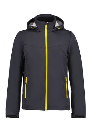 Veste à capuche gris foncé avec fermeture éclair jaune vif et fermetures éclair aux poches, manches longues et sangles réglables aux poignets.